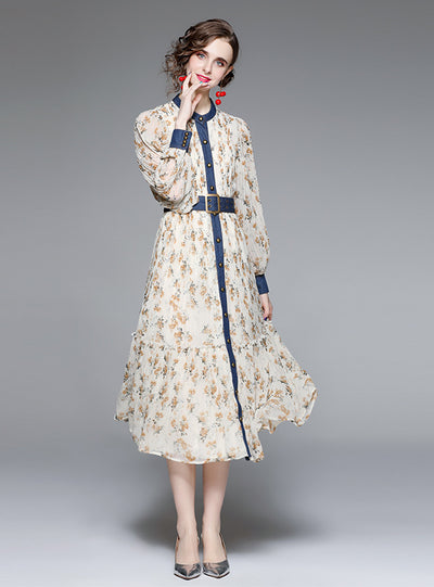 Bubble Sleeve Denim Stitching Print Dress