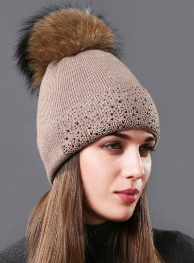 Raccoon Fur Beanie Female Warm Pompom Cap