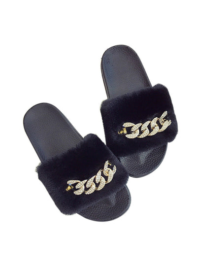 Faux Fur Plush Slippers Chain Slide Fluffy 