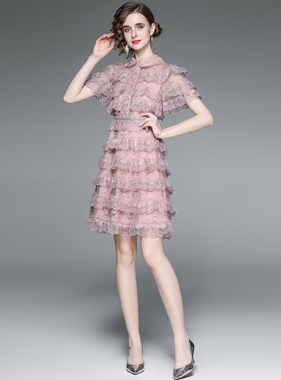 Ruffled Lace Stitching Short Sleeve Dress