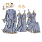 Silk-like Pajamas Four-piece Sling Long Sleeve Nightgown