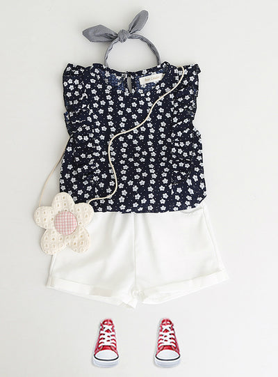 Flowers Blue T-shirt+ White Pants With Pu
