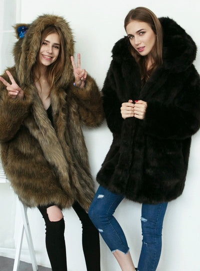 Animal Ear Cap Faux Fur Coat Women's Long Coat