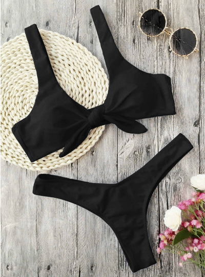 Women Knotted Padded Thong Bikini Mid Waisted 