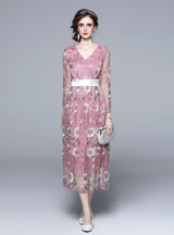 V-neck Gauze Embroidered Flower Long Sleeve Dress