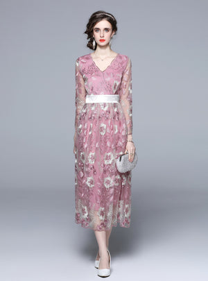 V-neck Gauze Embroidered Flower Long Sleeve Dress