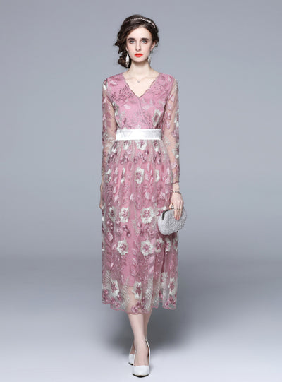 V-neck Gauze Embroidered Flower Long Sleeve Dress