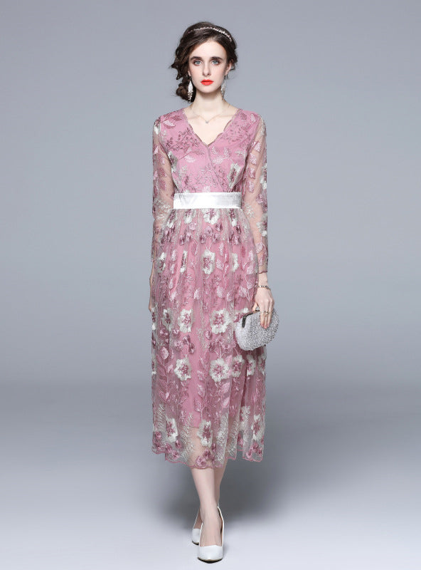 V-neck Gauze Embroidered Flower Long Sleeve Dress