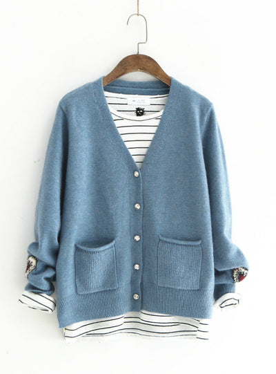 Knitted Cardigan V neck Back Flower Long Sleeve