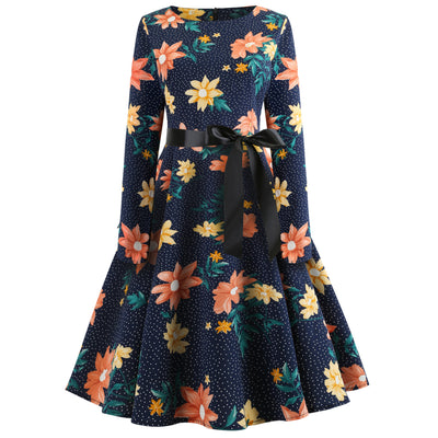 Printed Long Sleeve Retro Big Swing Dress