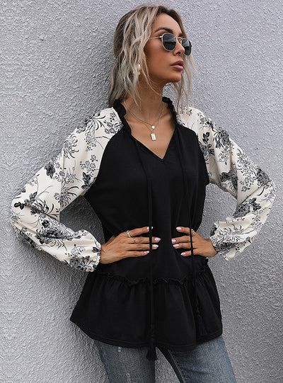 Black V-neck Pullover Long Sleeve Spliced T-shirt