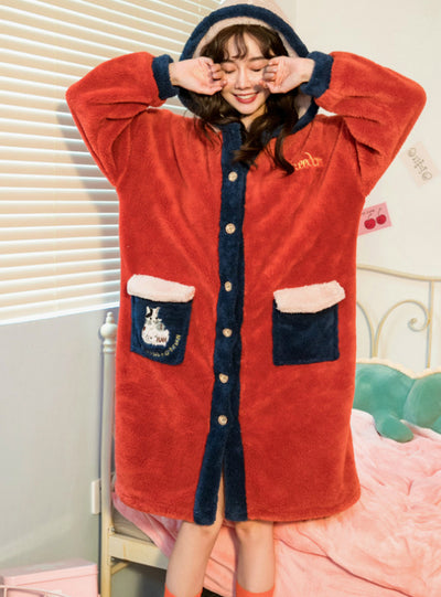 Red Pajamas Women's Thick Coral Fleece Robe Long