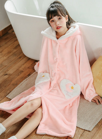 Pink Long Sleeve Heart Pocket Thickened Flannel Cartoon