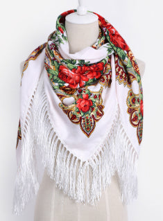 Square Scarf Cotton Long Tassel Print Scarf 