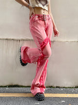 Stitching Color Tassel Metal Button Belt Jeans