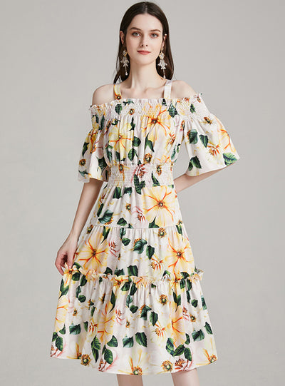 Camellia Sling Elastic Waist Print Dress