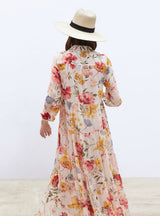 Women Vintage Floral Print Casual Loose Long Dress