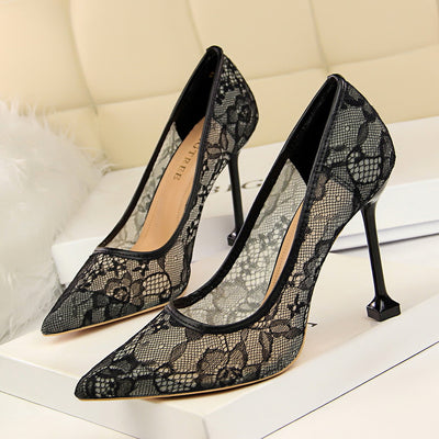Lace Mesh Shallow Pointed High Heels