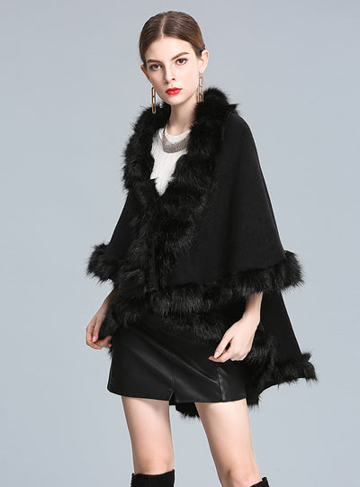 Fox-like Fur Collar Shawl Cape Knitted Cardigan