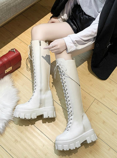 Women Cross Strap PU Leather Boots Knee High Boots