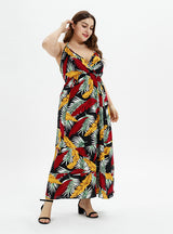 High Waist V-neck Beach Print Sling Dress