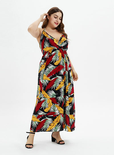 High Waist V-neck Beach Print Sling Dress
