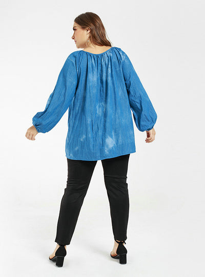 Casual Lantern Sleeve Thin Tie-dyed Denim Top
