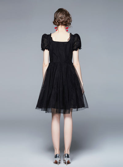 Black Lace Embroidered Bow Short Sleeve Dress