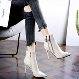 Women's Short Skinny Heel Pointed Leather Boots