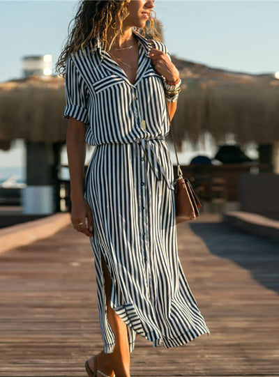 Turn Down Collar Office Ladies Stripe Shirt Dress 