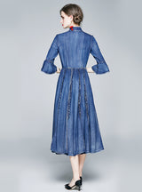 Trumpet Sleeves Embroidered Denim Dress