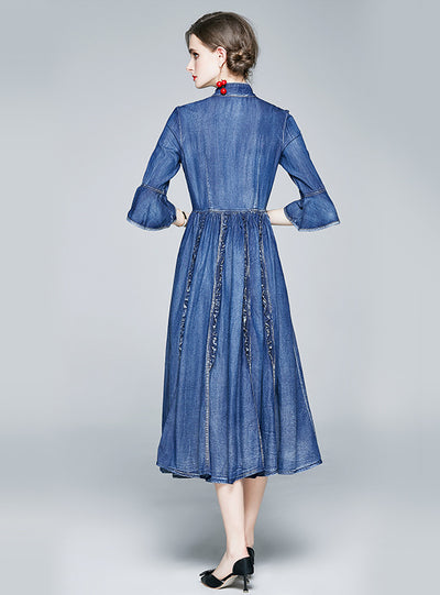 Trumpet Sleeves Embroidered Denim Dress