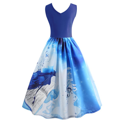 Blue V-neck Print Sleeveless Dress