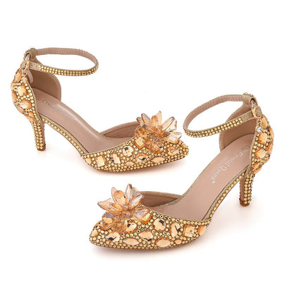 7 cm Stiletto Pointed Crystal Glass Flower Sandals