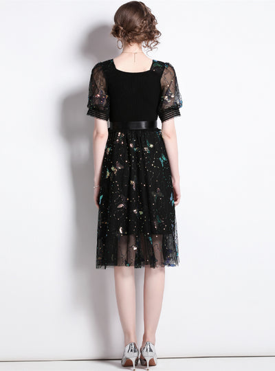Black Butterfly Sequined Stitching Dress