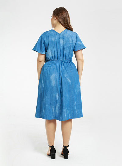 Denim tie-dyed Drawable Waist Tie Dress