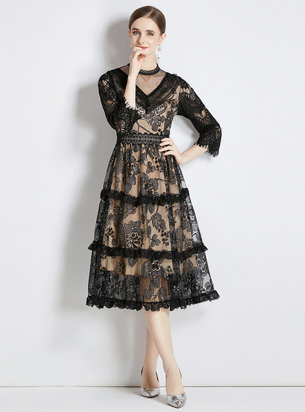 Sexy Hollow High Waist Slim Long Sleeve Lace Dress