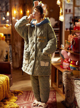 Green Three-layer Quilted Thickened Warm Coral Fleece Two-piece Suit