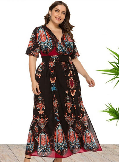 Bohemian Printed Short Sleeve Long Dress
