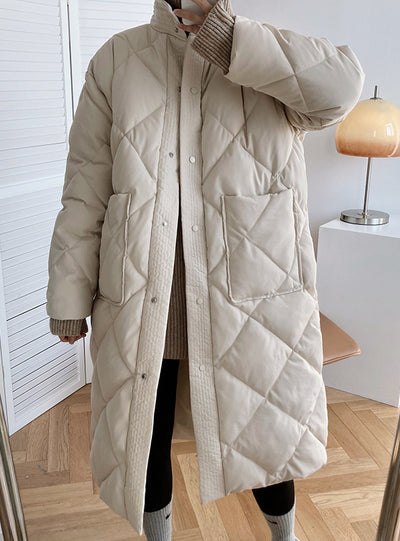 Long Cotton-padded Coat Stand-up Collar Argyle Pattern Oversized