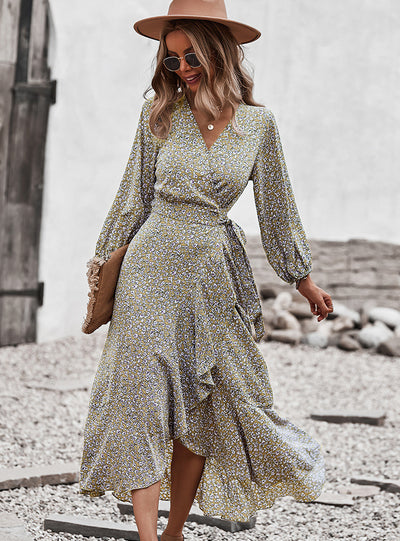 Long Sleeve Print V-neck Dress