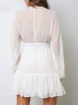Plunge V Neck White Lace Long Sleeve Mini Party Dress