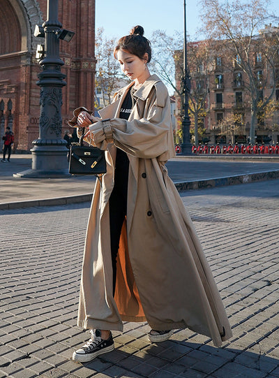 Women's Trench Coat Double-Breasted Belted Lady Cloak
