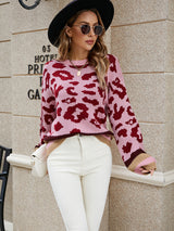 Loose Color Leopard Print Lantern Sleeve Sweater