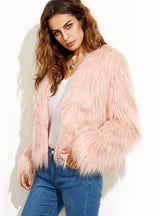 Faux Fur Pink Winter Coat Women Elegant Collarless