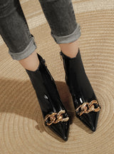 Pointed Patent Leather Metal Chain High Heel Boots