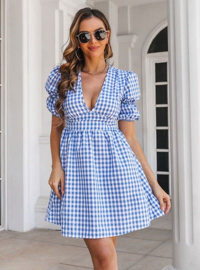 Plaid Deep V-neck Bubble Sleeve A-line Dress