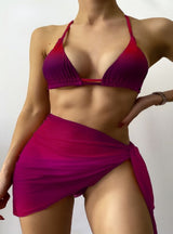 Waist-tied Mesh Gradient Three-piece Swimsuit
