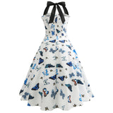 Butterfly Print White Halter Vintage Dress