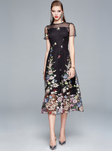 Round Neck Mesh Embroidered Flower Dress